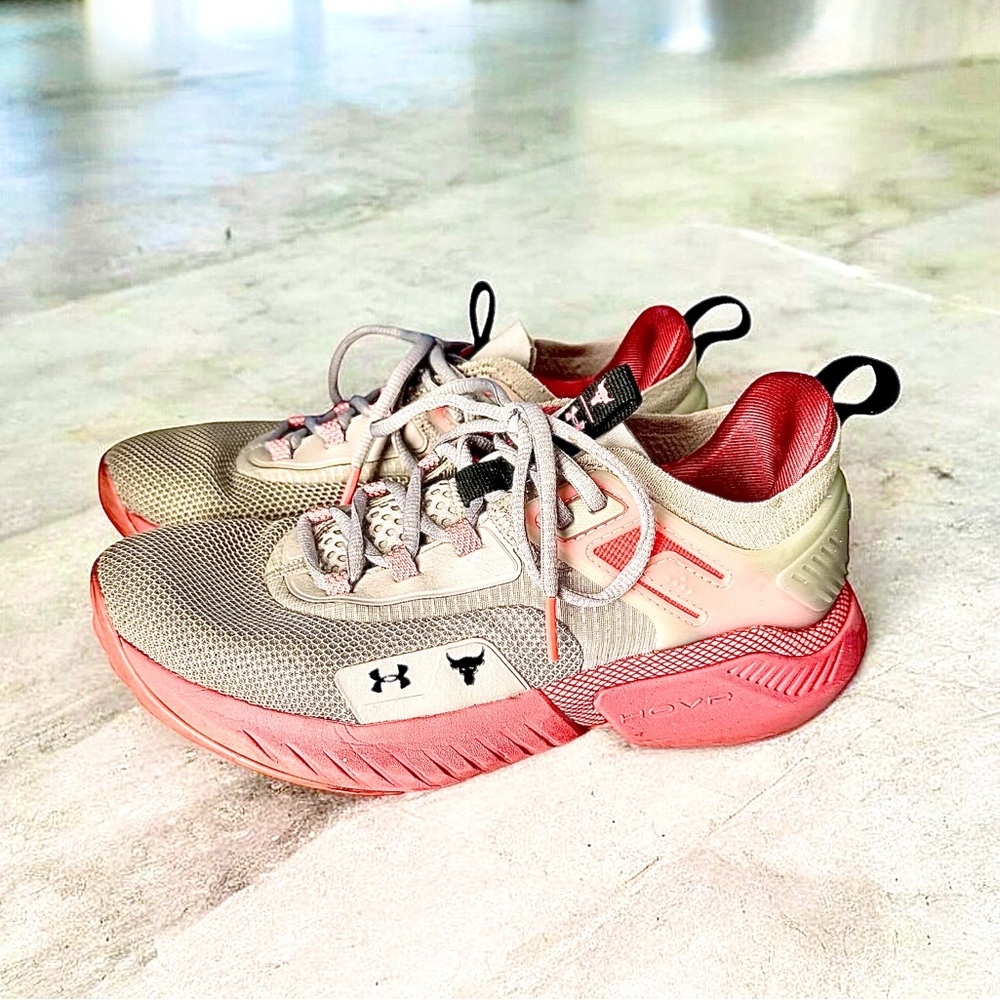 Under Armour Project Rock Beige and Pink Trainers
